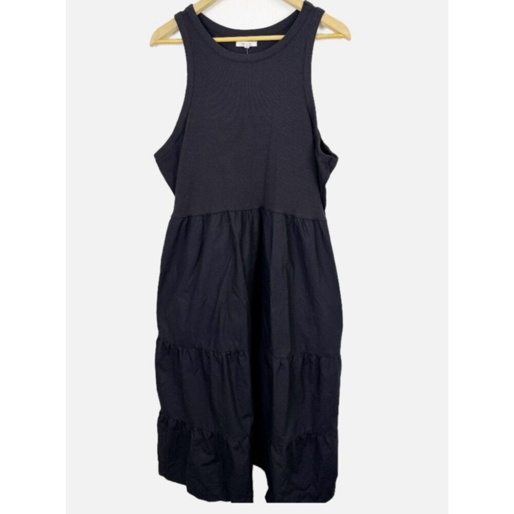 Maurices Sz 0X Black Midi Mixed Media Ribbed Knit Sleeveless Bodice Tiered Dress